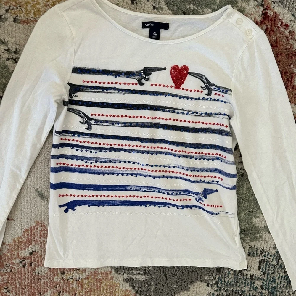 Gap Girls Long Sleeve Cotton Shirt Dachshund Dogs Heart Sequins Paris Type Artsy